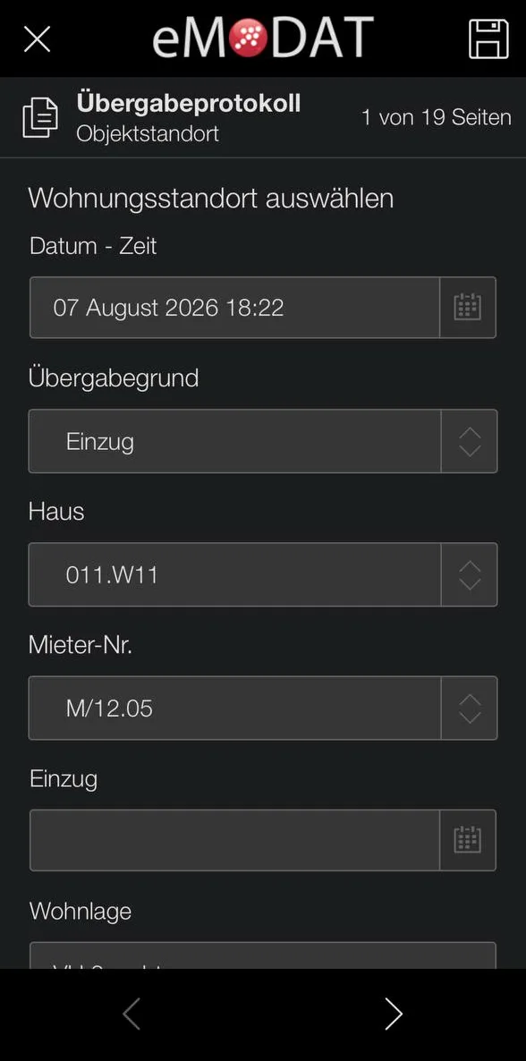 App-Screenshot: Übergabeprotokoll – Wohnungsstandort, Übergabegrund und Mieter auswählen