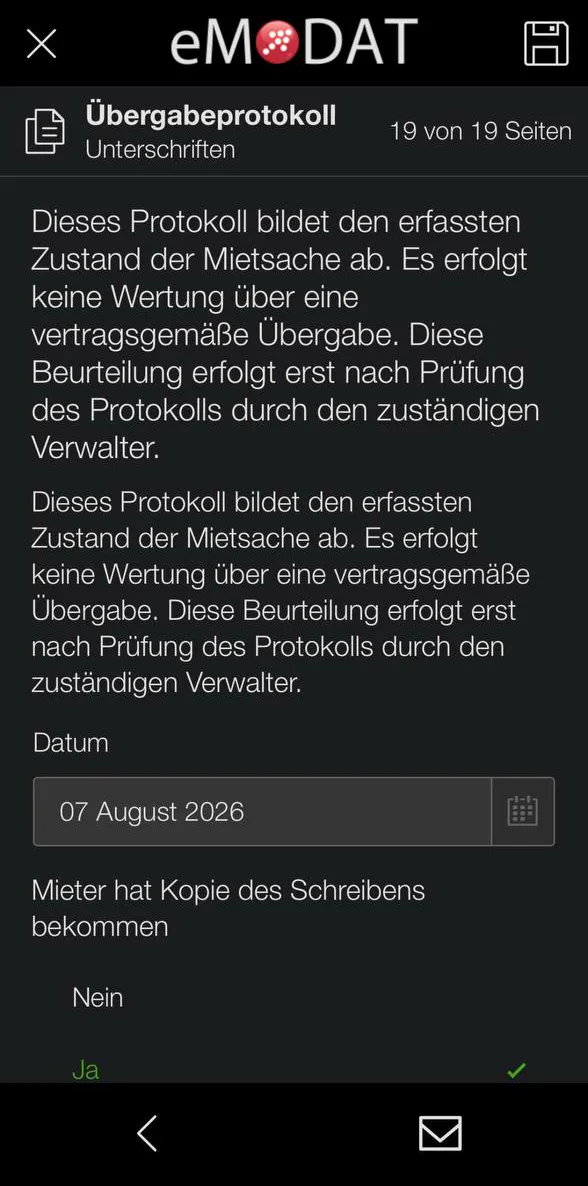 App-Screenshot: Abschlussseite mit Datum und Unterschriften
