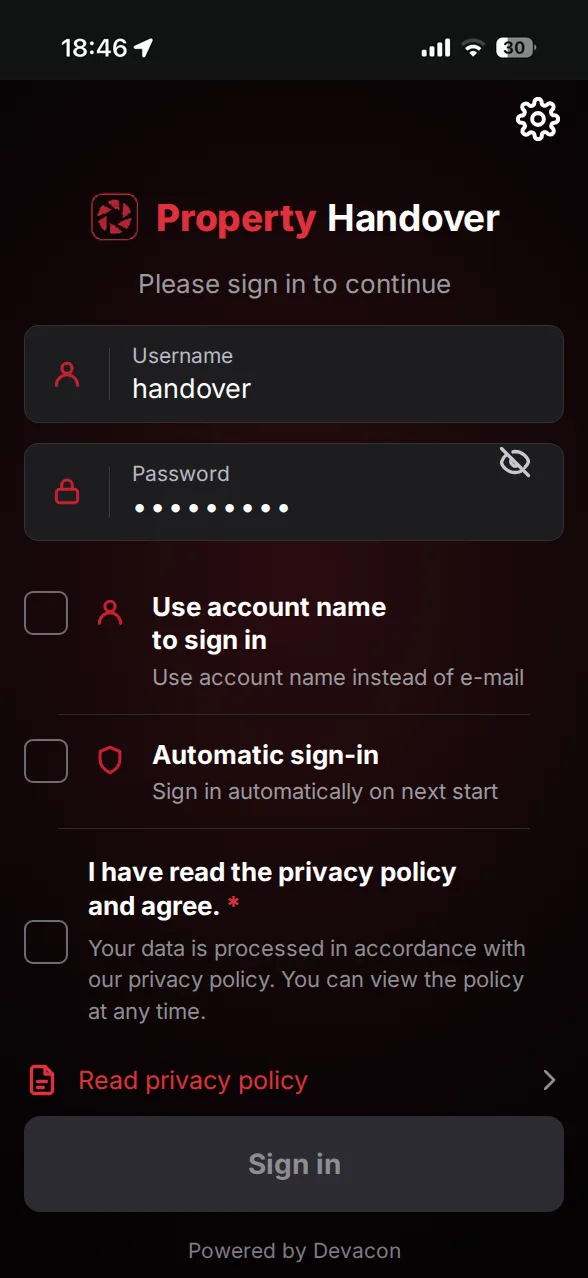 App screenshot: signing in to the property handover app