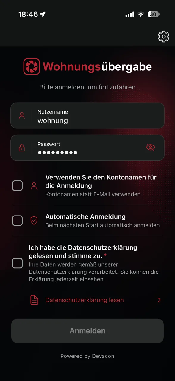App-Screenshot: Anmeldung in der Wohnungsübergabe-App