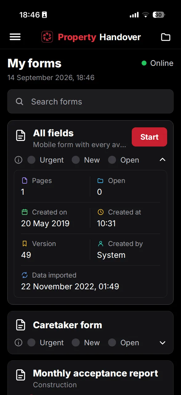 App screenshot: overview of the available forms and reports
