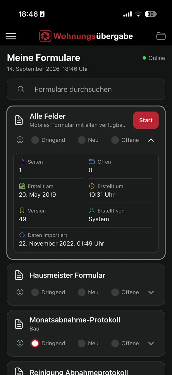 App-Screenshot: Übersicht der verfügbaren Formulare und Protokolle