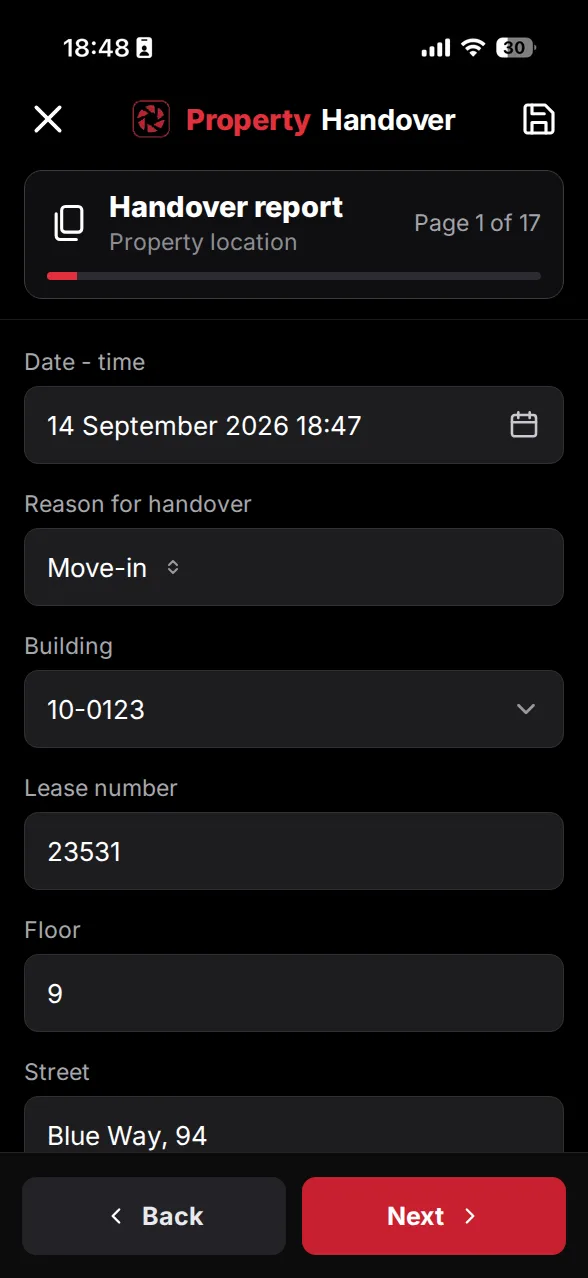App screenshot: capturing property location, reason for handover, building and tenancy number