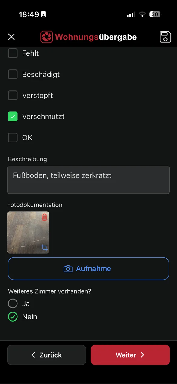 App-Screenshot: Zustand per Checkliste erfassen und Mängel mit Foto belegen