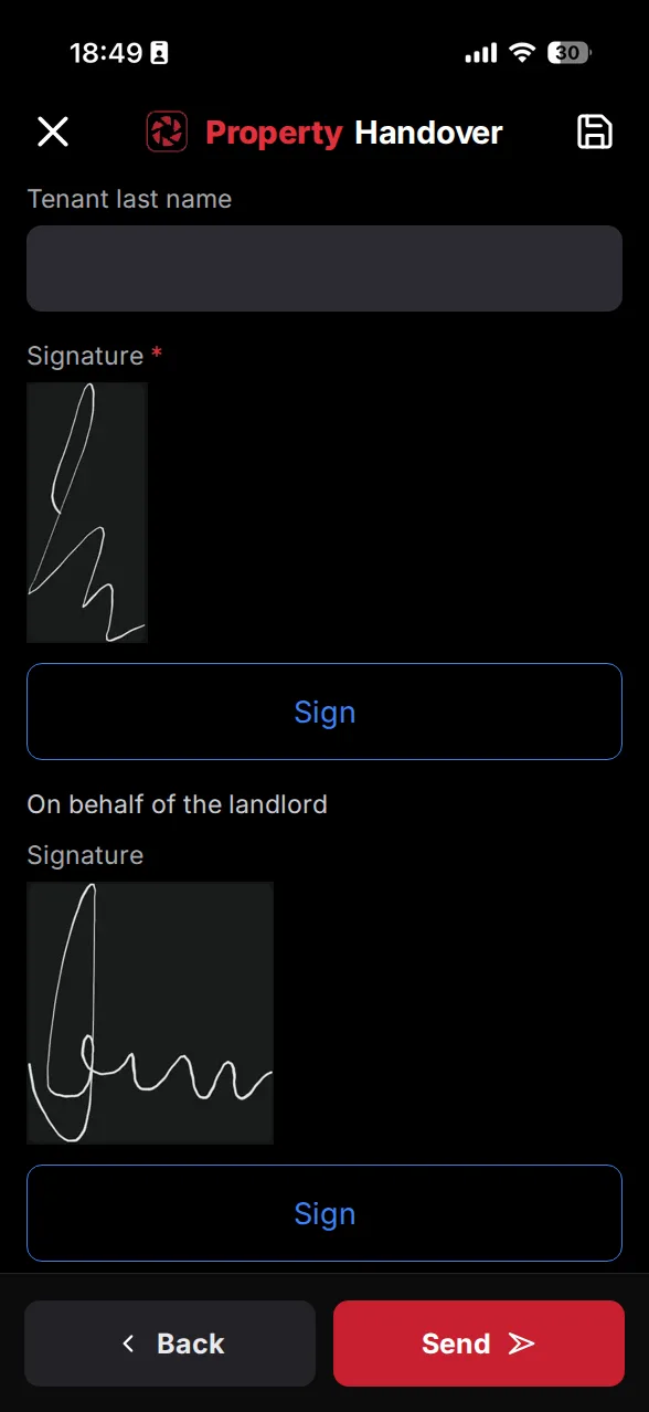 App screenshot: signatures from tenant and landlord, delivery by email