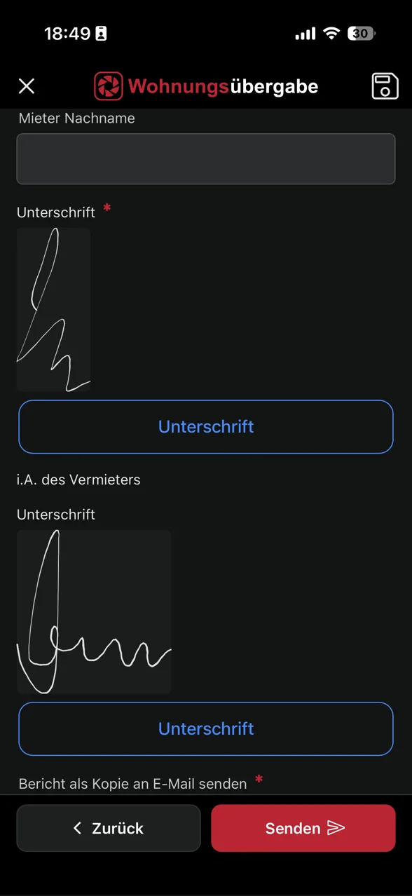 App-Screenshot: Unterschriften von Mieter und Vermieter, Versand per E-Mail