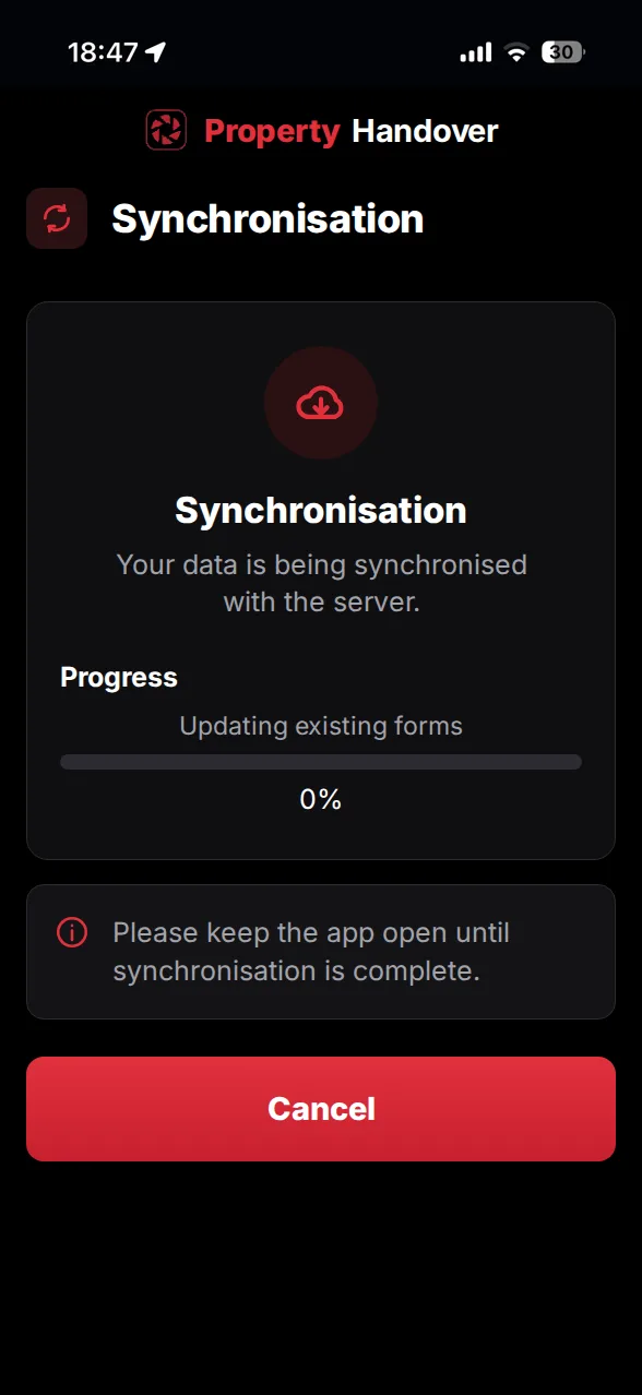App screenshot: synchronising data with the server
