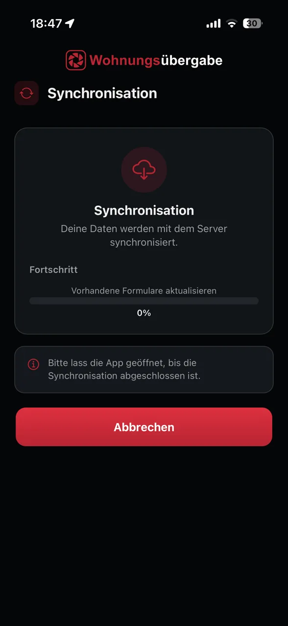 App-Screenshot: Synchronisation der Daten mit dem Server