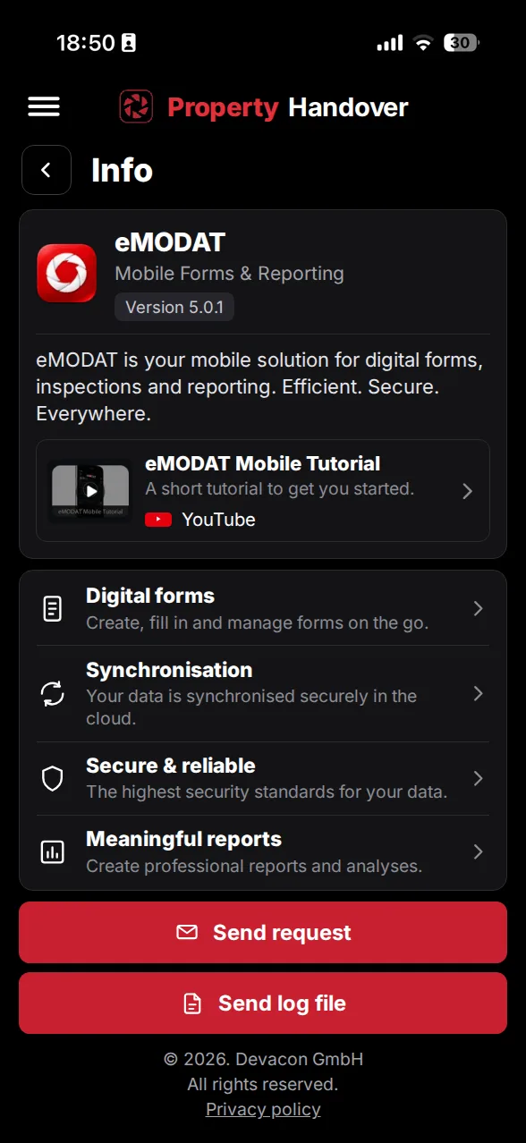 App screenshot: info area with feature overview and support