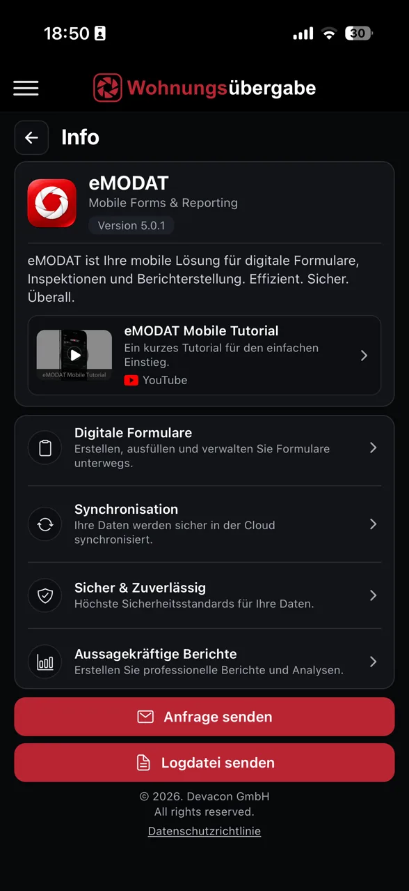 App-Screenshot: Info-Bereich mit Funktionsübersicht und Support