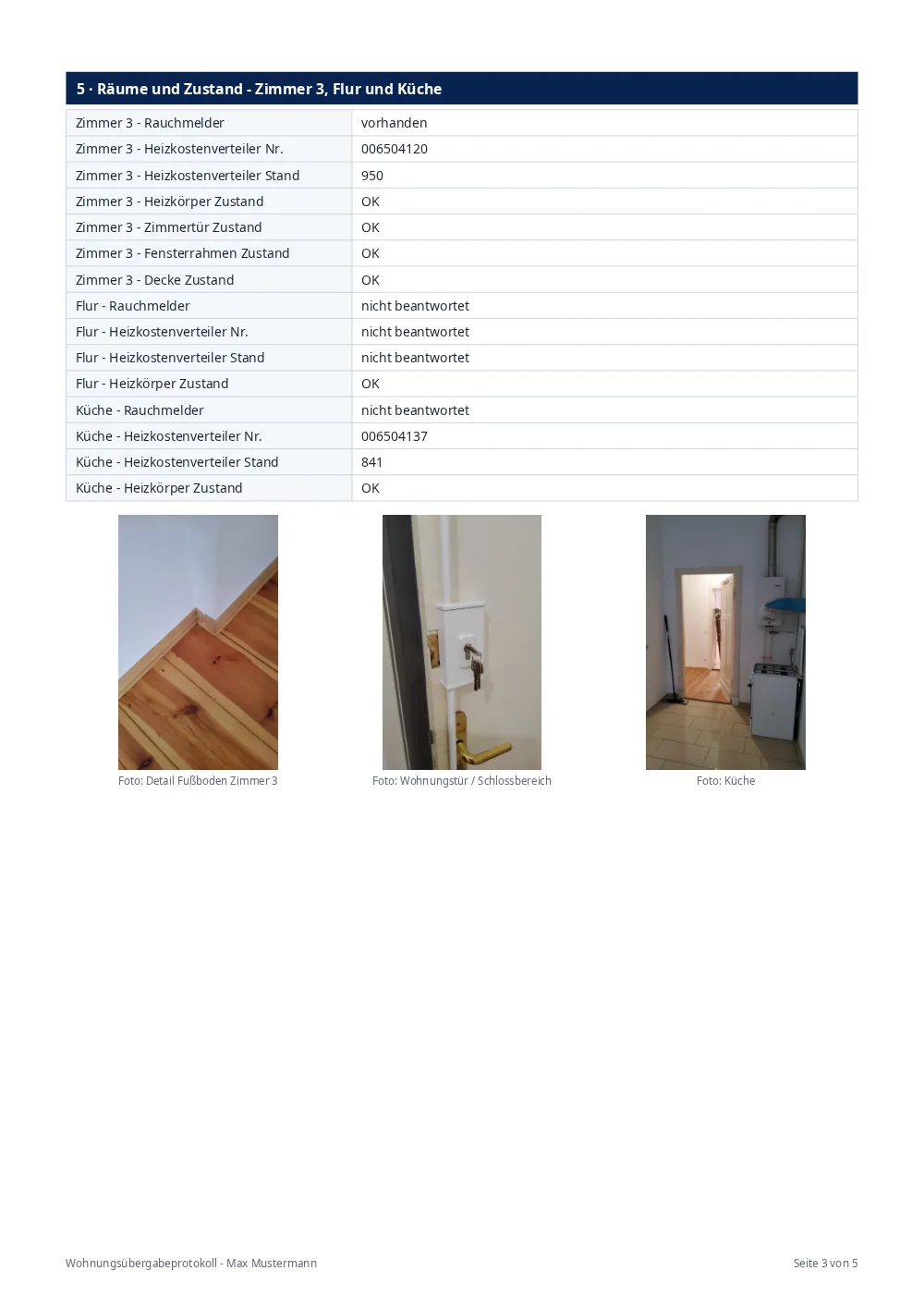 Seite 3: Räume und Zustand – Zimmer 3, Flur und Küche mit Fotos
