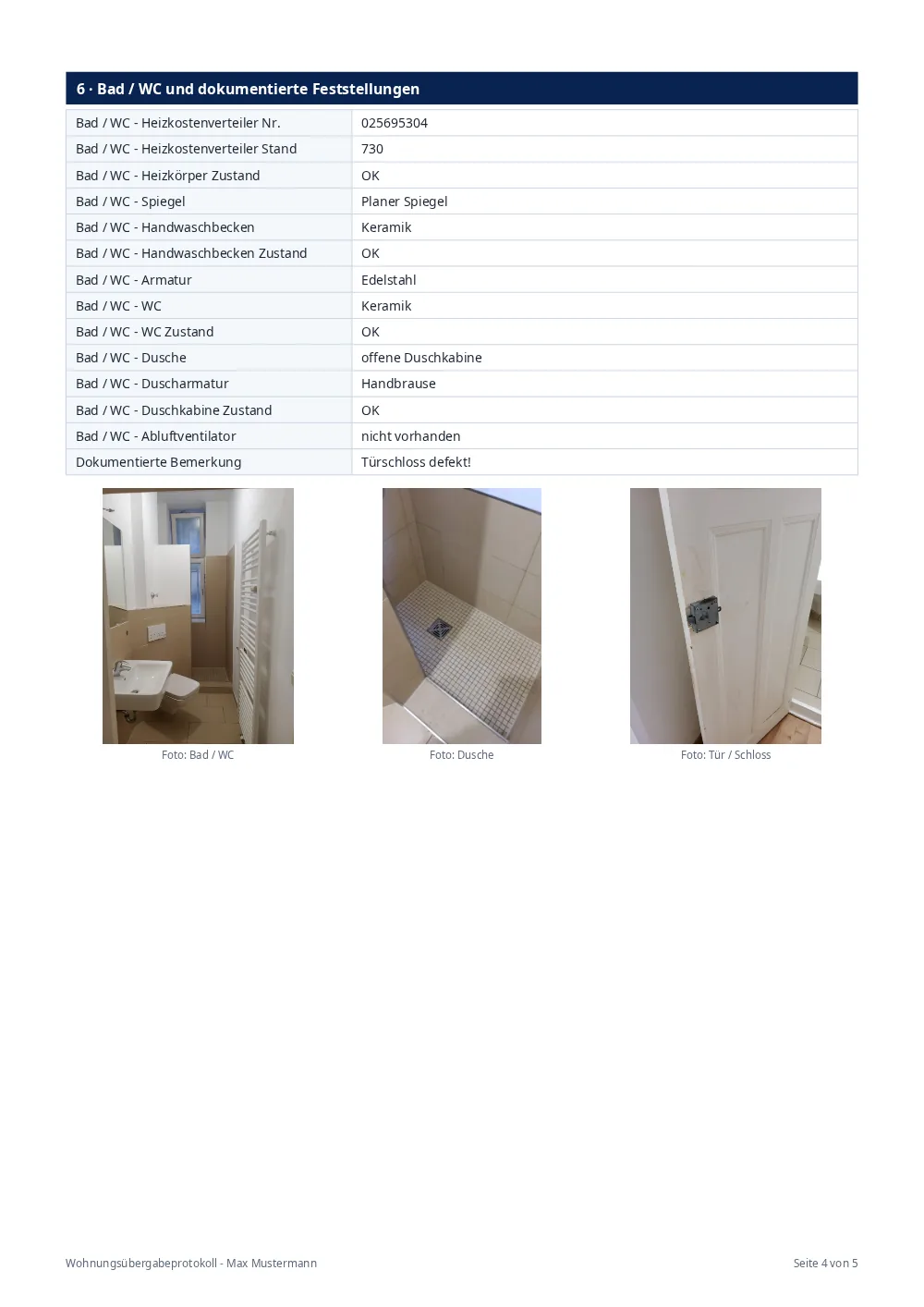 Seite 4: Bad / WC und dokumentierte Feststellungen mit Fotos